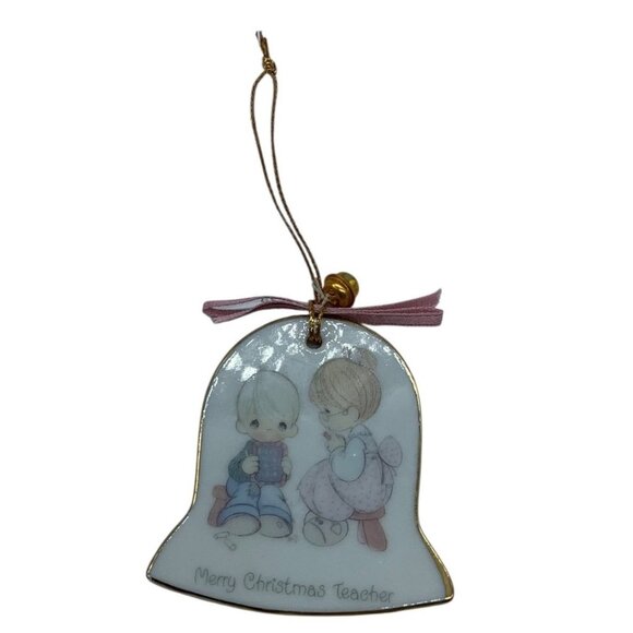Vtg 1987 Precious Moments Merry Christmas Teacher Bell Ornament Porcelain 2.5" - Picture 1 of 3